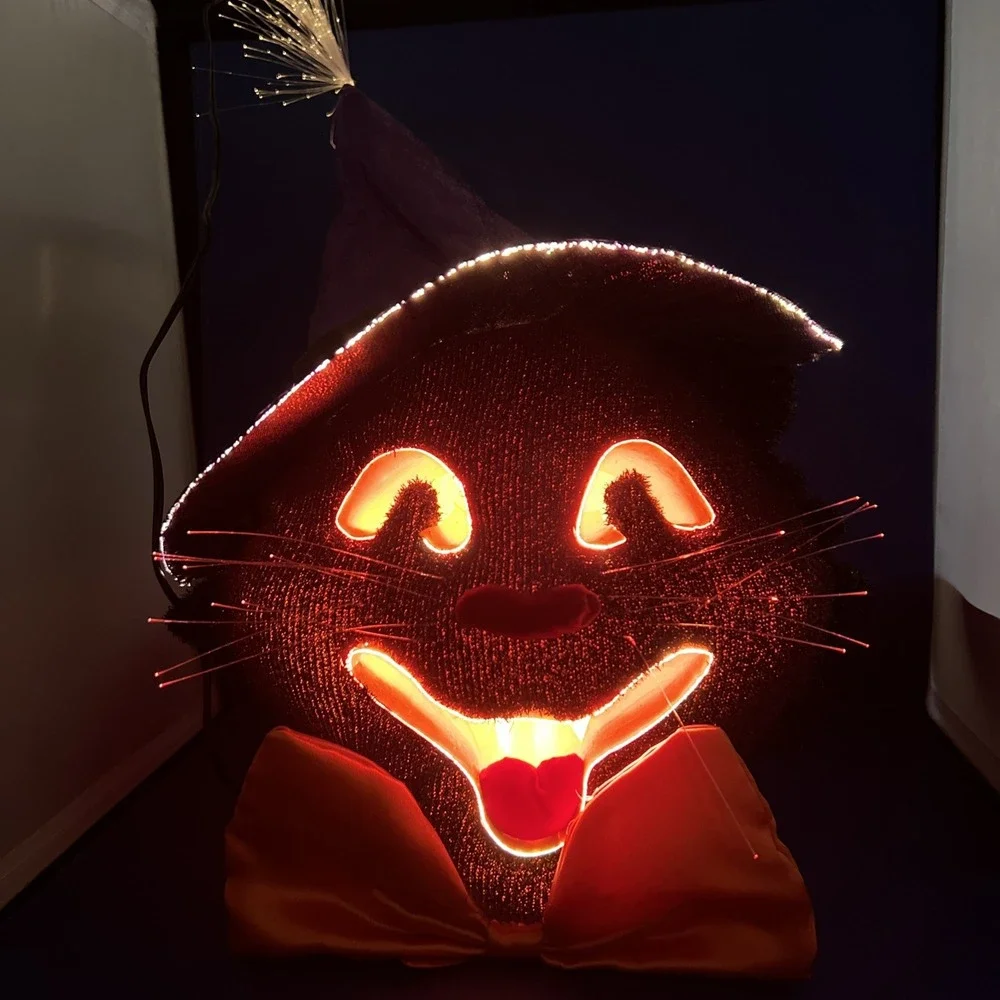 Dept 56 Halloween Black Cat Bow Tie Color Changing FIBER OPTIC Vintage 14x12